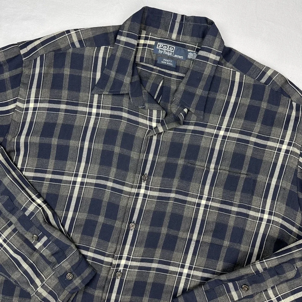 Vintage Polo Ralph Lauren Shirt‎ Men XL Blue Plaid Wool Pratt Button Up Heritage